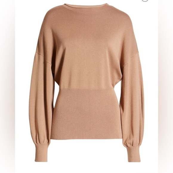 Tie Back Belt Ribbed Mocha Mousse Sweater Mock Neck Billow Sleeve Size L NWT - Picture 6 of 16